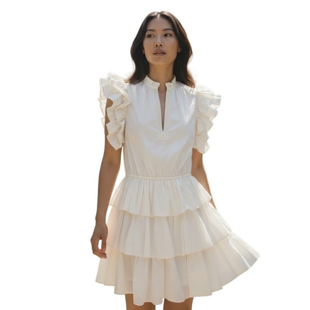 Ulla Johnson Lulua Ruffled Cotton Poplin Mini Dress Bone Size 8 short sleeves